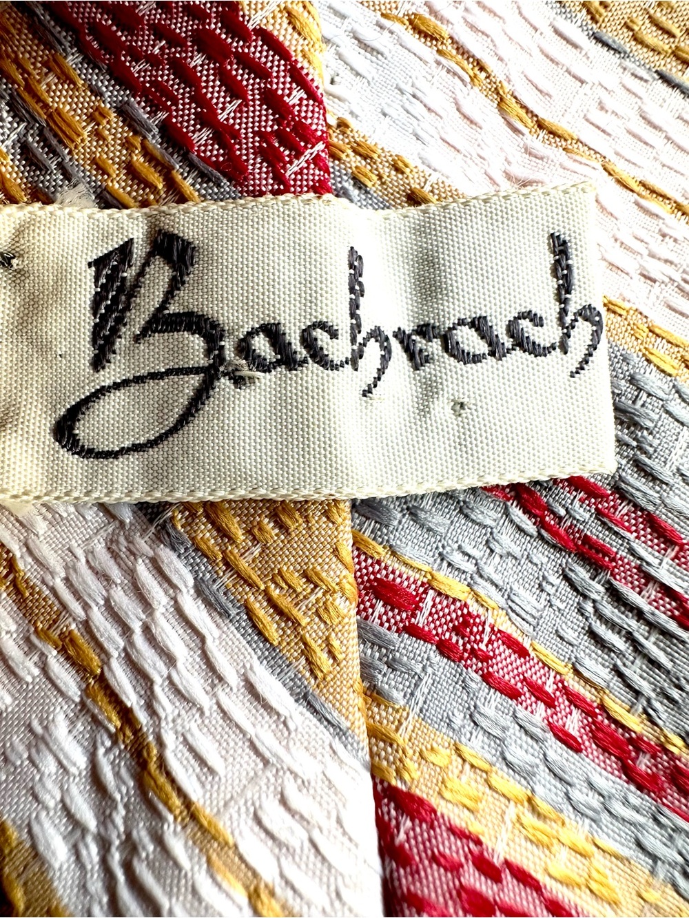 1970's Bachrach Wide Striped Tie in Cream, Red & Light Blue - Picture 2 of 7